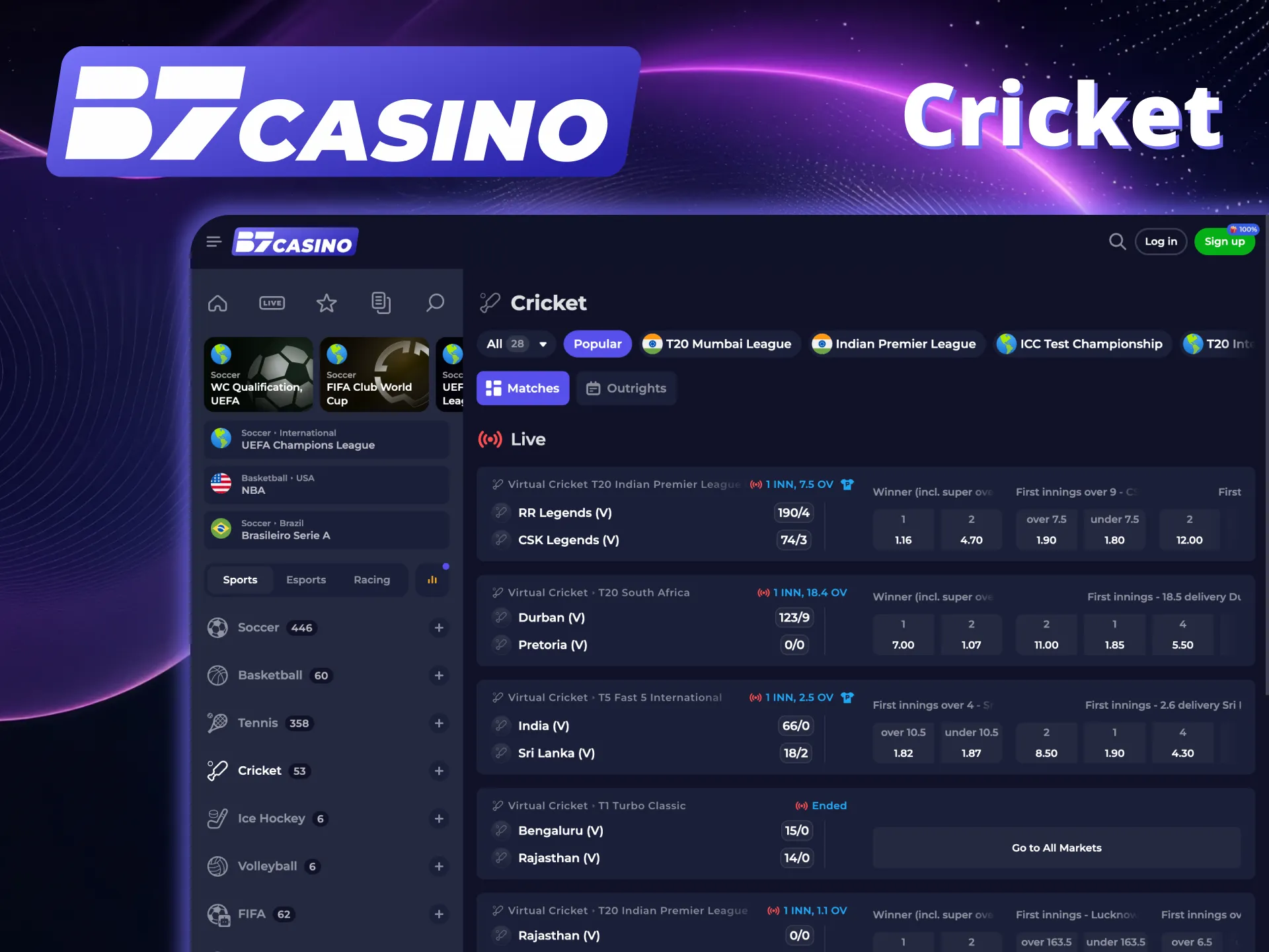 Win real money betting on Cricket at B7 Casino.