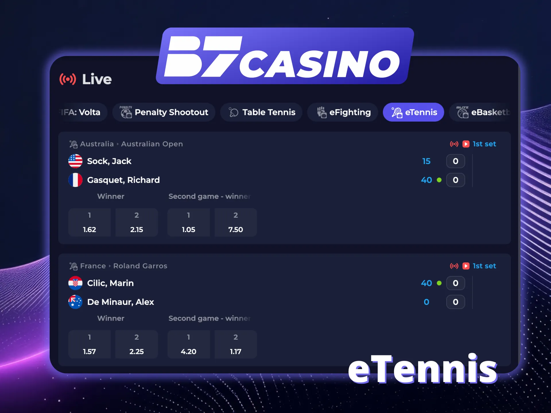 Bet live in eTennis now B7 Casino.
