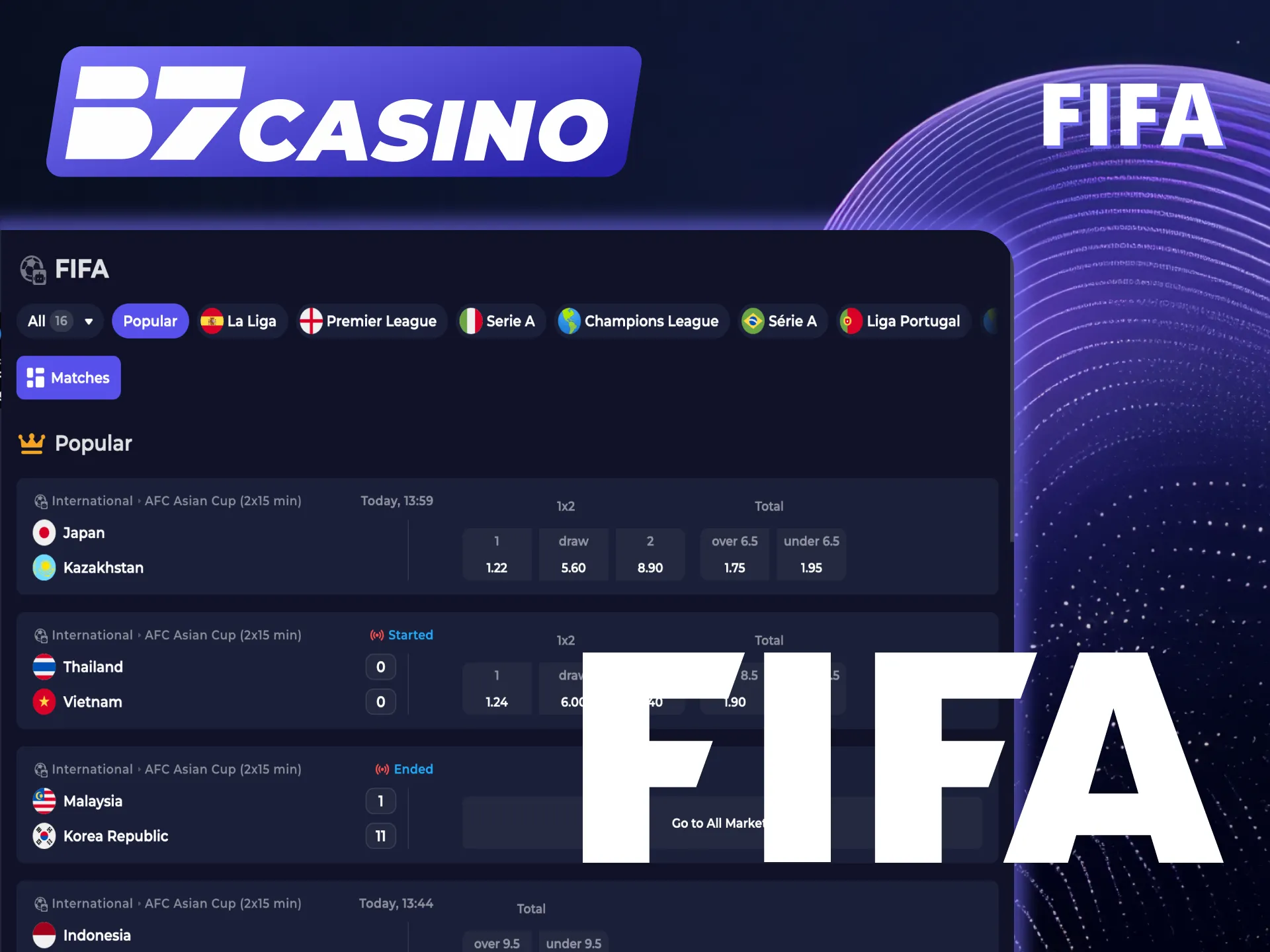 Bet FIFA matches now at B7 Casino.